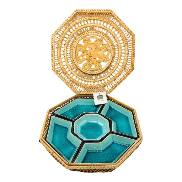 Boho Artisan Handmade Pottery Serving Tray Rattan Covered Snack Appetizer Dish - Picture 1 of 10